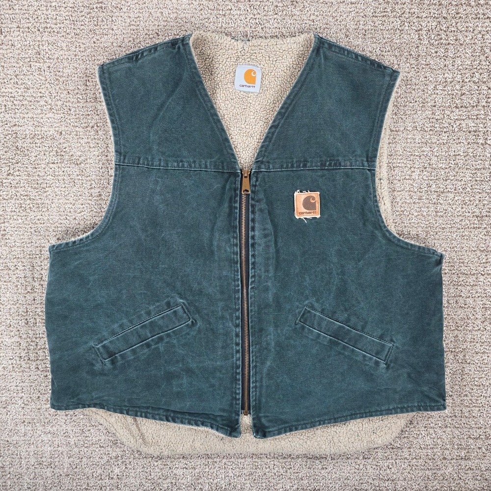 Vintage Carhartt Mens V13 HTG Hunter Green Sherpa Lined Sandstone Duck Vest XL